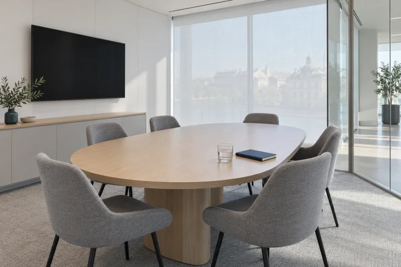 Sala de reuniones con el odotipo de la empresa